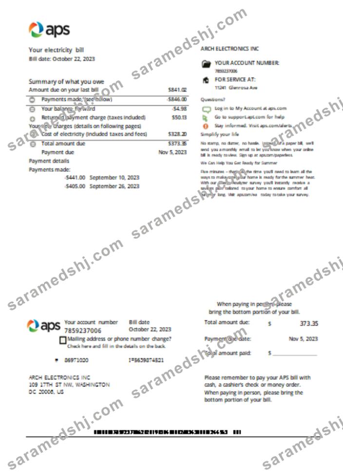 Arizona APS electricity proof of address utility business bill SCR